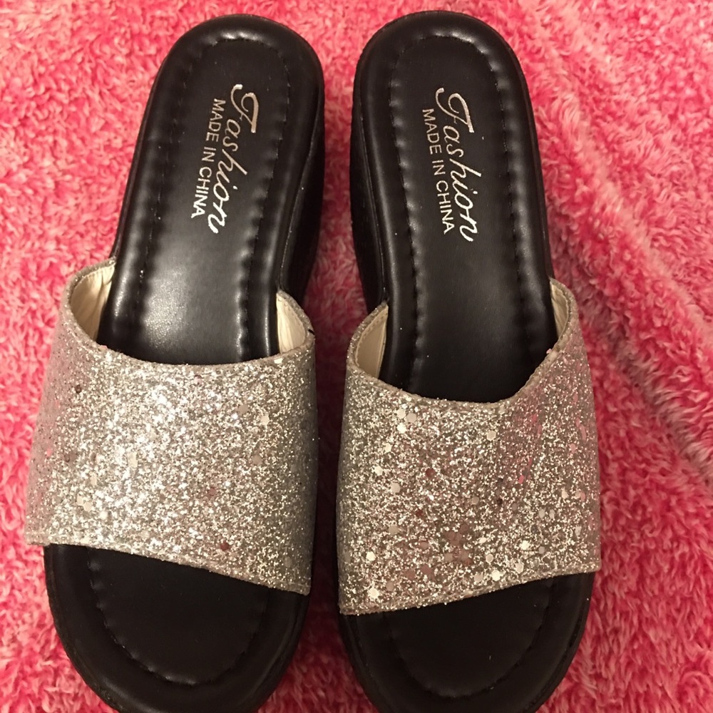 Silver Glitter Slide Sandals